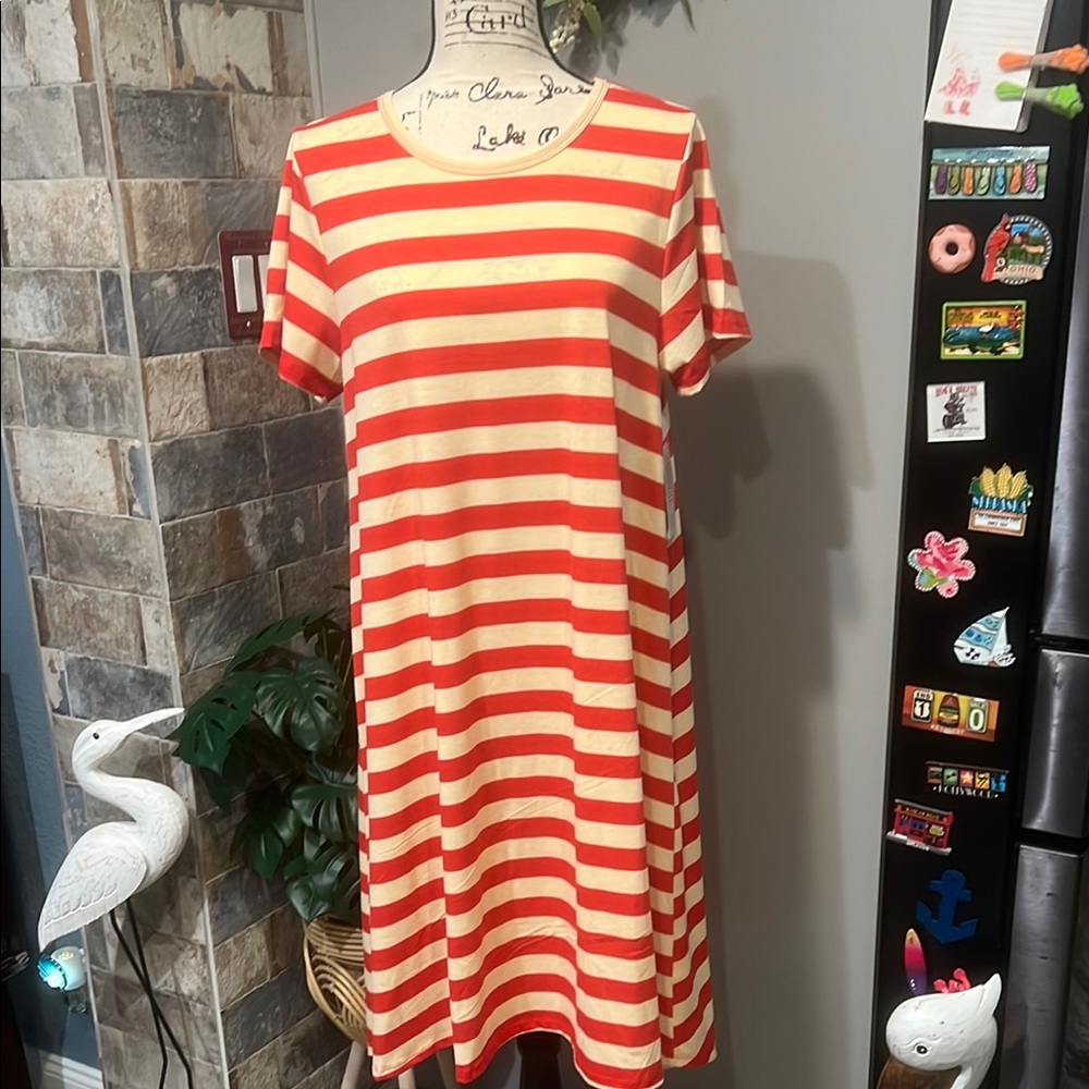 LuLaRoe Red and Cream Striped Carly Dress